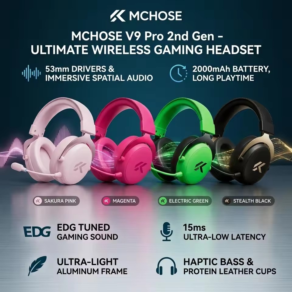MCHOSE V9 Pro 2, Headset Gamin - Anc Wireless Over Ear Headphones ulasan dan harga